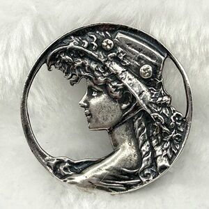 Vintage Art Nouveau Sterling Silver Lady Brooch • Marked 925 • 1.5” Round